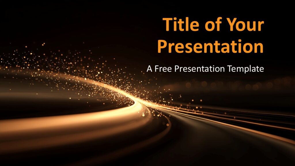 Golden Flow Cover Slide – Dynamic Light Motion Background Cover slide with radiant golden light trails curving through a dark background, ideal for elegant PowerPoint or Google Slides themes.