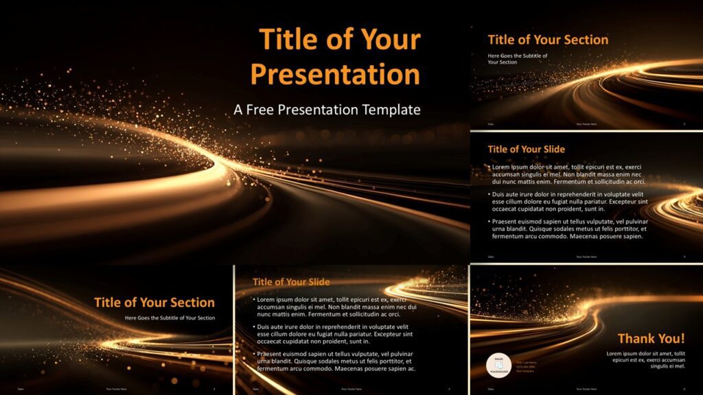 Glowing golden trails on a black background create a cinematic widescreen preview for PowerPoint and Google Slides presentations.