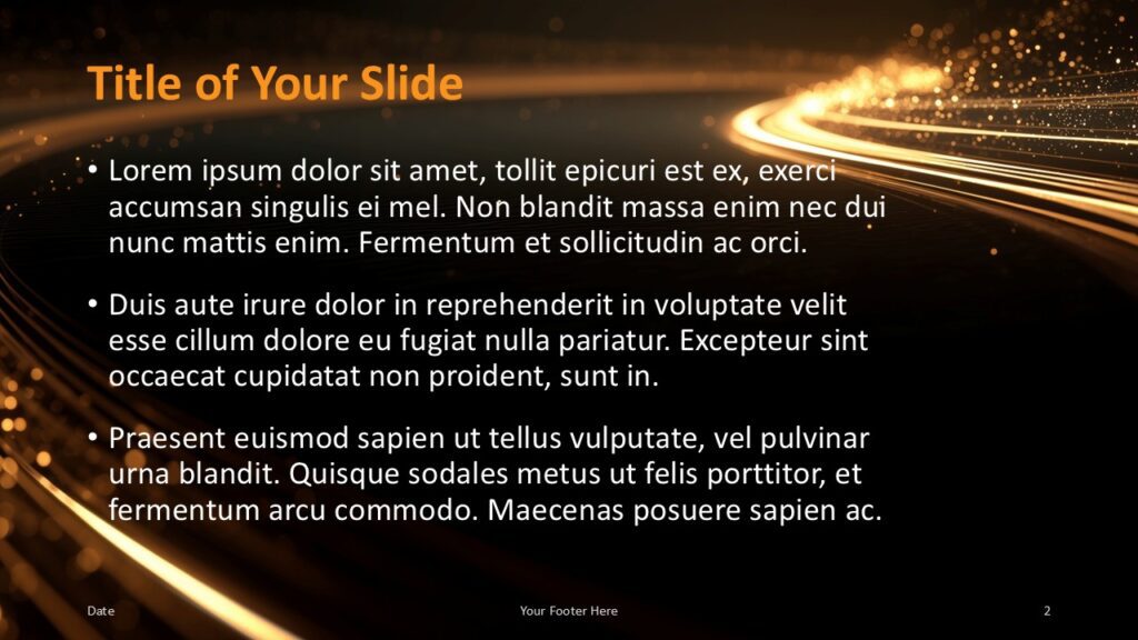 Golden Flow Title and Content Slide Layout Dark professional slide with bright golden wave, white bullet text on the left, perfect for corporate PowerPoint presentations.