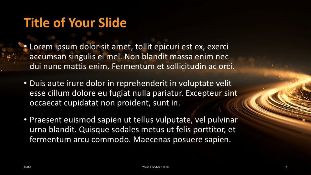 Golden Flow Alternate Content Slide – Modern Layout Mirrored slide layout with luminous amber swirl and dark backdrop, maintaining consistent golden energy design in PowerPoint and Google Slides.