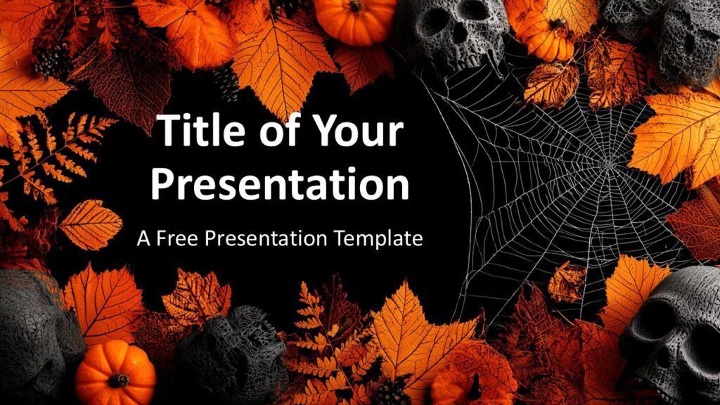Halloween Night Template Cover Slide for PowerPoint and Google Slides Cover slide of Halloween Night Template for PowerPoint and Google Slides with black background, orange leaves, pumpkins, and spiderwebs.