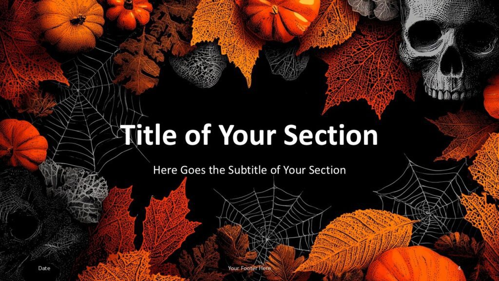 Halloween Night Template Section Divider 1 – PowerPoint and Google Slides Section divider slide of the Halloween Night Template for PowerPoint and Google Slides framed by orange pumpkins and black leaves.