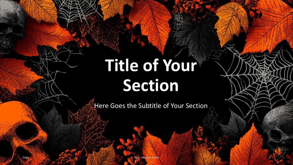 Halloween Night Template Section Divider 2 for PowerPoint and Google Slides Second section divider from Halloween Night Template for PowerPoint and Google Slides with autumn leaf frame and spooky design.