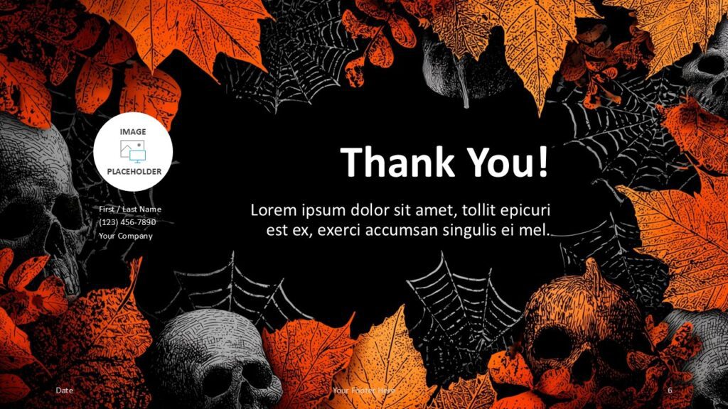 Halloween Night Template Thank You Slide – PowerPoint and Google Slides Thank You slide of the Halloween Night Template for PowerPoint and Google Slides with contact info and festive Halloween graphics.