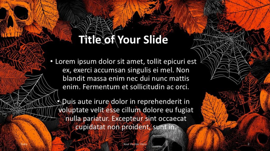 Halloween Night Template Title and Content Slide 1 – PowerPoint and Google Slides First content layout from Halloween Night Template for PowerPoint and Google Slides with bullet text and spooky autumn background.