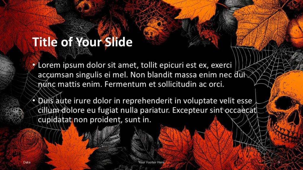 Halloween Night Template Title and Content Slide 2 for PowerPoint and Google Slides Alternate layout of the Halloween Night PowerPoint and Google Slides Template with dark backdrop, leaves, and skull accents.