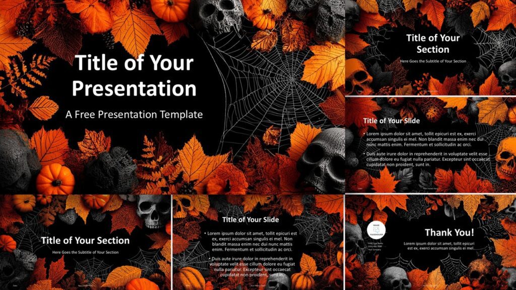 Widescreen view of the Halloween Night Template for PowerPoint and Google Slides featuring dark background and orange leaves.