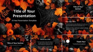 Widescreen view of the Halloween Night Template for PowerPoint and Google Slides featuring dark background and orange leaves.