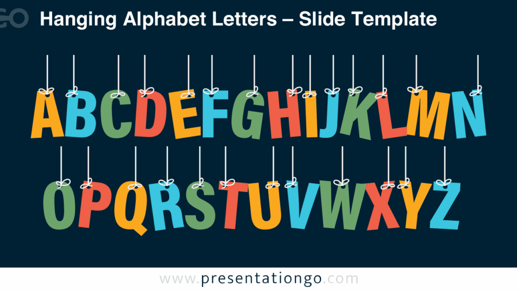 Hanging Alphabet Letters Dark Background – Google Slides Template Free Google Slides and PowerPoint template with multicolored alphabet letters hanging on strings against a dark background for fun classroom visuals.