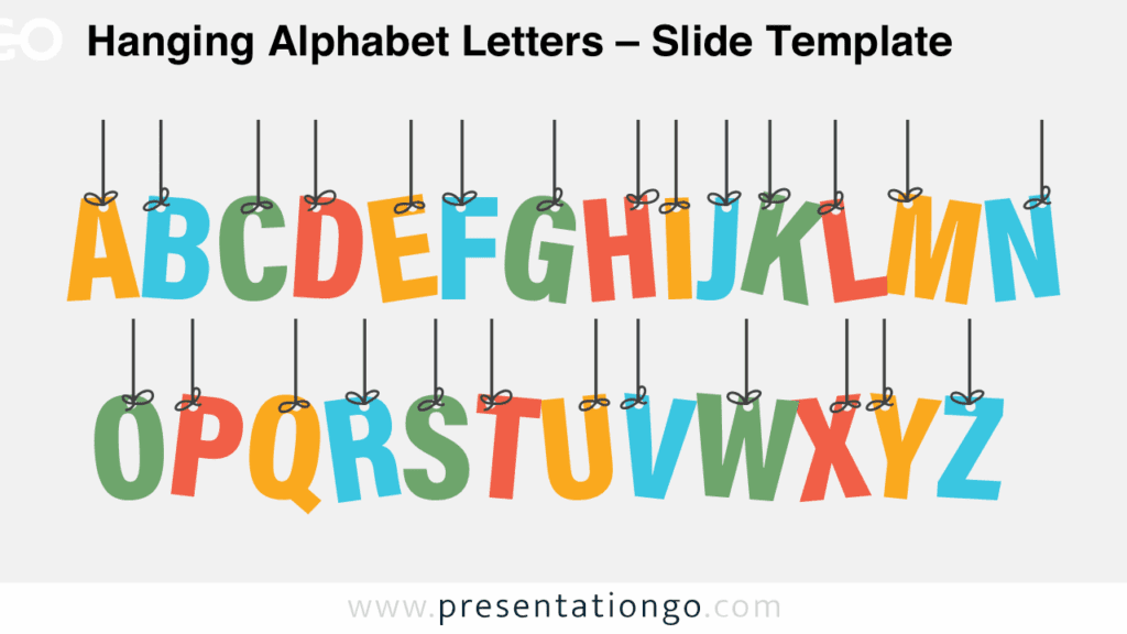 Free PowerPoint and Google Slides template featuring colorful alphabet letters hanging on strings over a clean light background, ideal for schools.