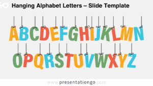 Free PowerPoint and Google Slides template featuring colorful alphabet letters hanging on strings over a clean light background, ideal for schools.