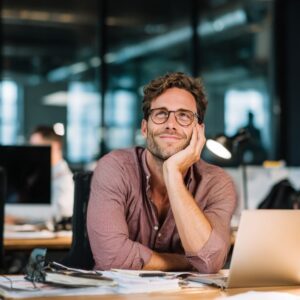 Smiling young businessman in glasses sitting at his desk, daydreaming in a bright, modern office environment.