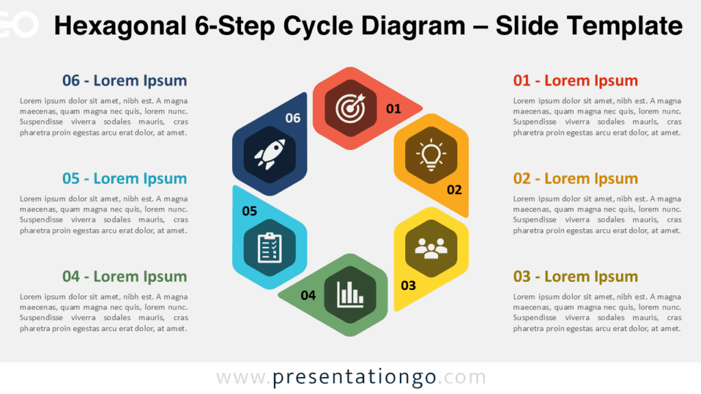 Hexagonal 6-Step Cycle Diagram PowerPoint Template – Light Background Hexagonal 6-Step Cycle Diagram PowerPoint & Google Slides Template with 6 vivid hexagons on a light background for process visualization.