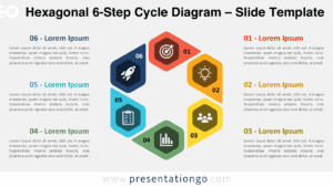 Hexagonal 6-Step Cycle Diagram PowerPoint & Google Slides Template with 6 vivid hexagons on a light background for process visualization.
