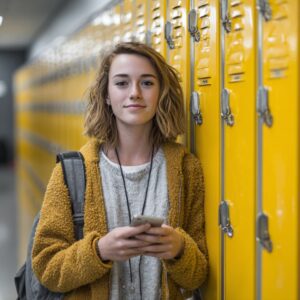 High school student standing by yellow lockers holding a smartphone, symbolizing youth communication, learning, and student life.