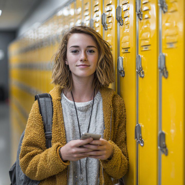 High school student standing by yellow lockers holding a smartphone, symbolizing youth communication, learning, and student life.