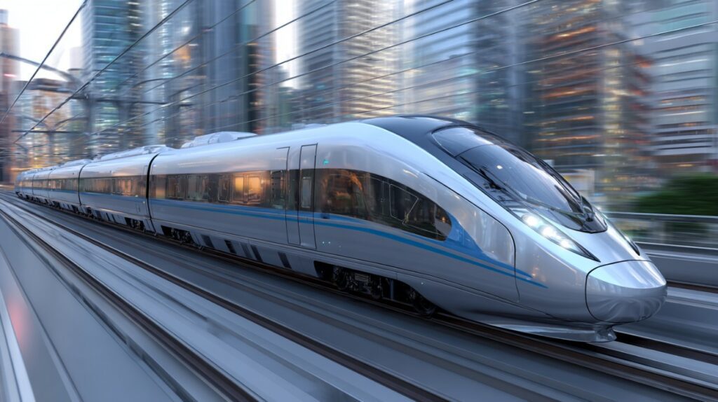Ultra-modern bullet train speeding through a futuristic city with glass skyscrapers, symbolizing fast transportation and innovation.