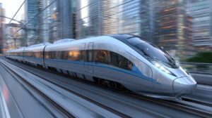 Ultra-modern bullet train speeding through a futuristic city with glass skyscrapers, symbolizing fast transportation and innovation.