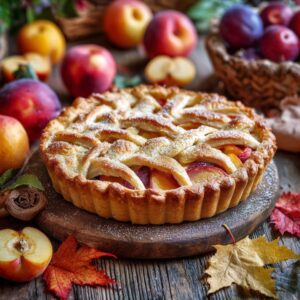 Golden nectarine pie with a lattice crust surrounded by fresh nectarines, plums, and autumn leaves on a rustic wooden table.