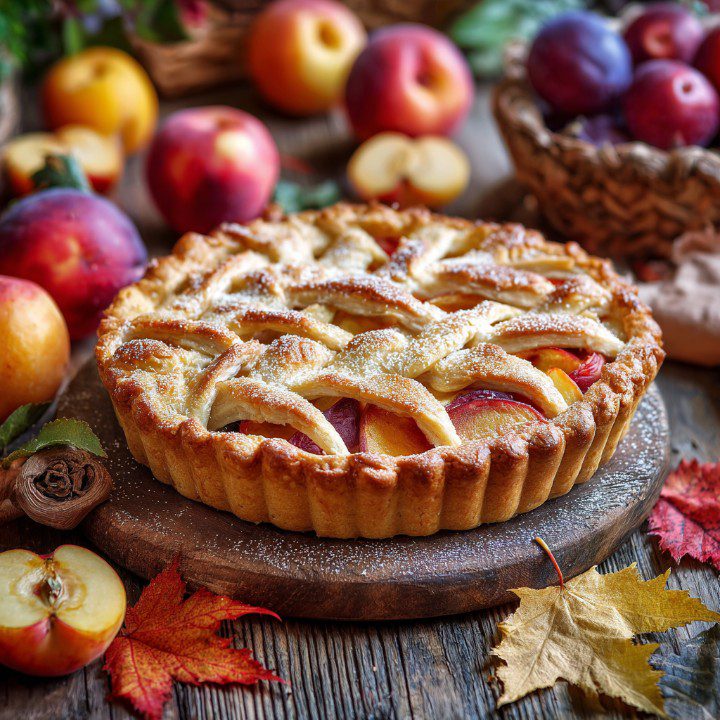 Golden nectarine pie with a lattice crust surrounded by fresh nectarines, plums, and autumn leaves on a rustic wooden table.