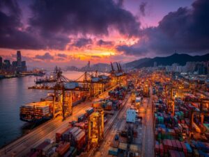 High-resolution aerial image of Hong Kong container port at sunset, with vibrant skies and shipping containers illuminated by industrial lights.