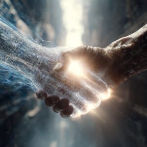 Hyper-realistic image of a human hand shaking a digital AI hand, symbolizing collaboration and innovation in technology.