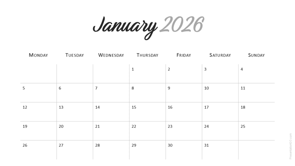 January 2026 monthly page from Minimal 2026 Calendar (Monday Start) template for PowerPoint and Google Slides.