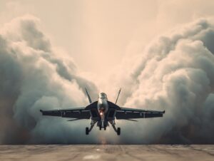 Jet fighter taking off with smoke clouds, symbolizing military power and aviation technology.