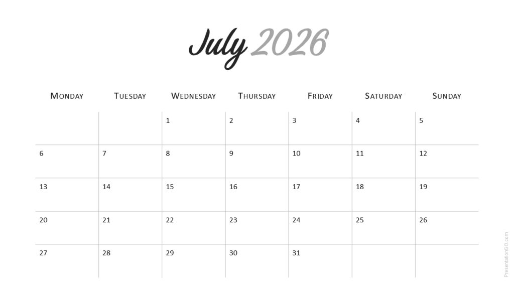 July 2026 page from Minimal 2026 Calendar with Monday week start for PowerPoint and Google Slides.