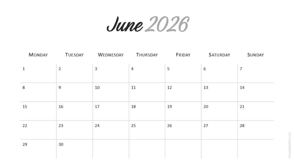 June 2026 calendar design from Minimal 2026 Calendar, modern and editable for PowerPoint and Google Slides.
