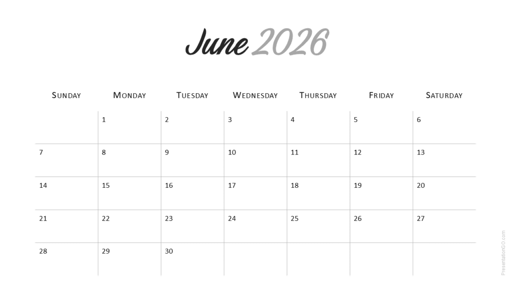 June 2026 Minimal Calendar (Sunday Start) June 2026 slide from the Minimal 2026 Calendar with a simple monthly grid for PowerPoint and Google Slides.