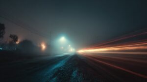Long-exposure photo of a foggy road at night with glowing streetlights and fast-moving vehicle light trails, evoking motion and mystery.
