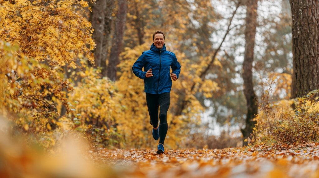 Middle-aged man in blue jacket jogging along a forest trail covered in golden autumn leaves, expressing health and seasonal activity.