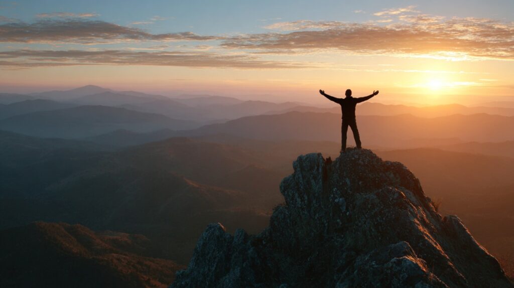 Silhouette of a man standing triumphantly on a mountain peak at sunrise, symbolizing freedom, success, and personal achievement.