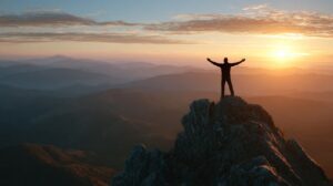 Silhouette of a man standing triumphantly on a mountain peak at sunrise, symbolizing freedom, success, and personal achievement.