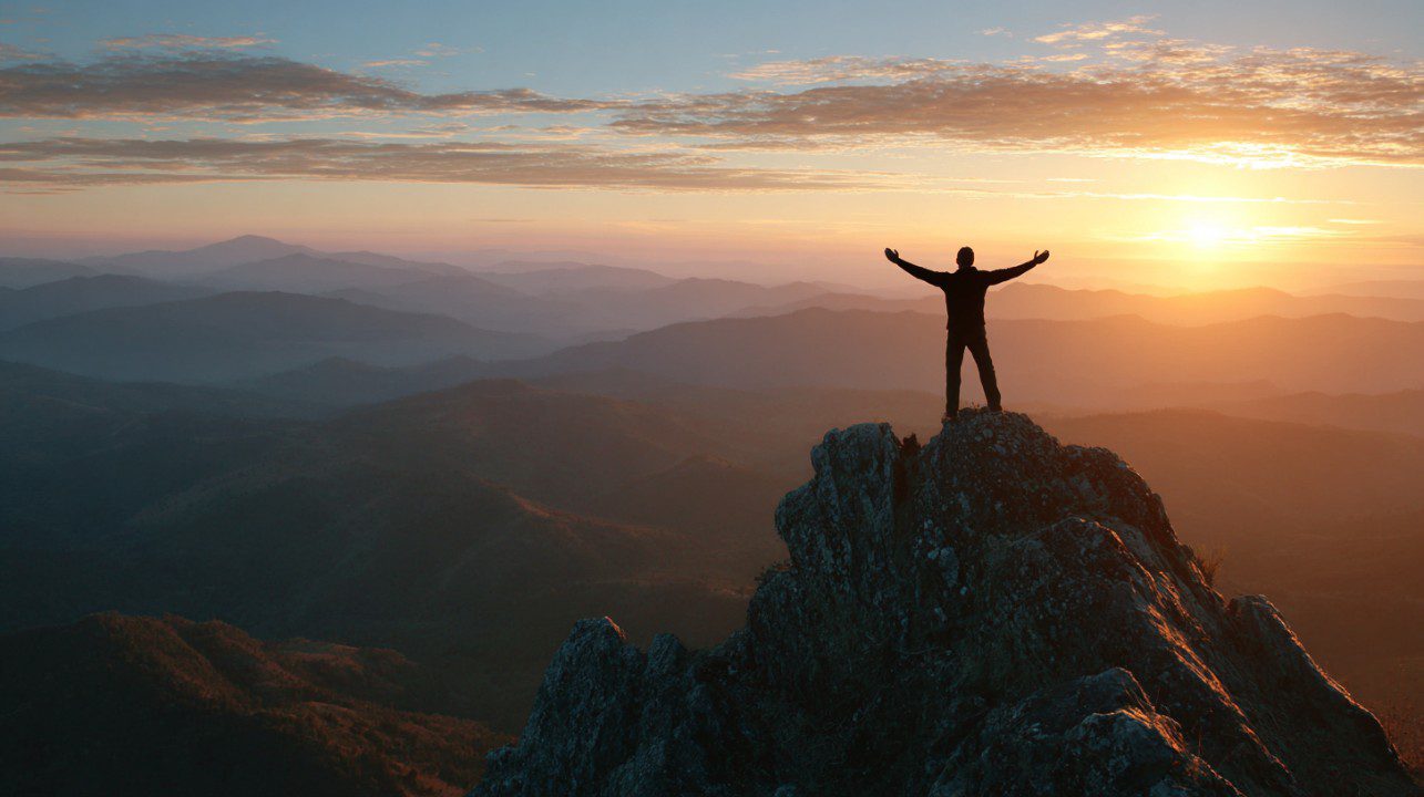 Silhouette of a man standing triumphantly on a mountain peak at sunrise, symbolizing freedom, success, and personal achievement.