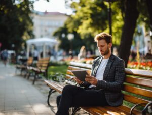 Stylish man sitting on a city park bench using a tablet, representing remote work, digital lifestyle, and modern productivity.