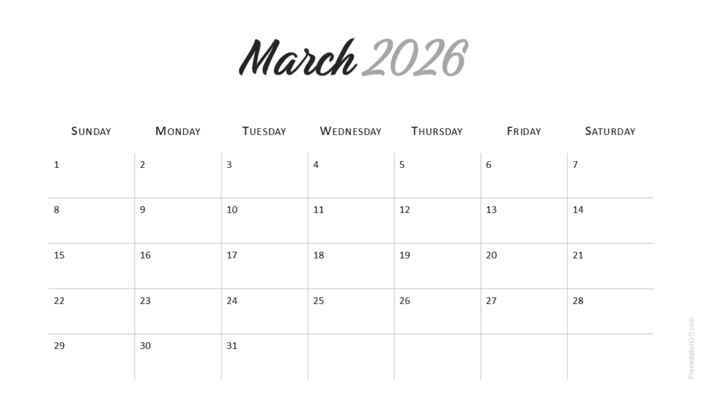 March 2026 Minimal Calendar (Sunday Start) March 2026 monthly calendar slide of the Minimal 2026 Calendar for PowerPoint and Google Slides presentations.