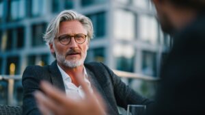 Mature businessman in glasses and a blazer speaking during a conversation in a professional outdoor setting, symbolizing leadership and communication.