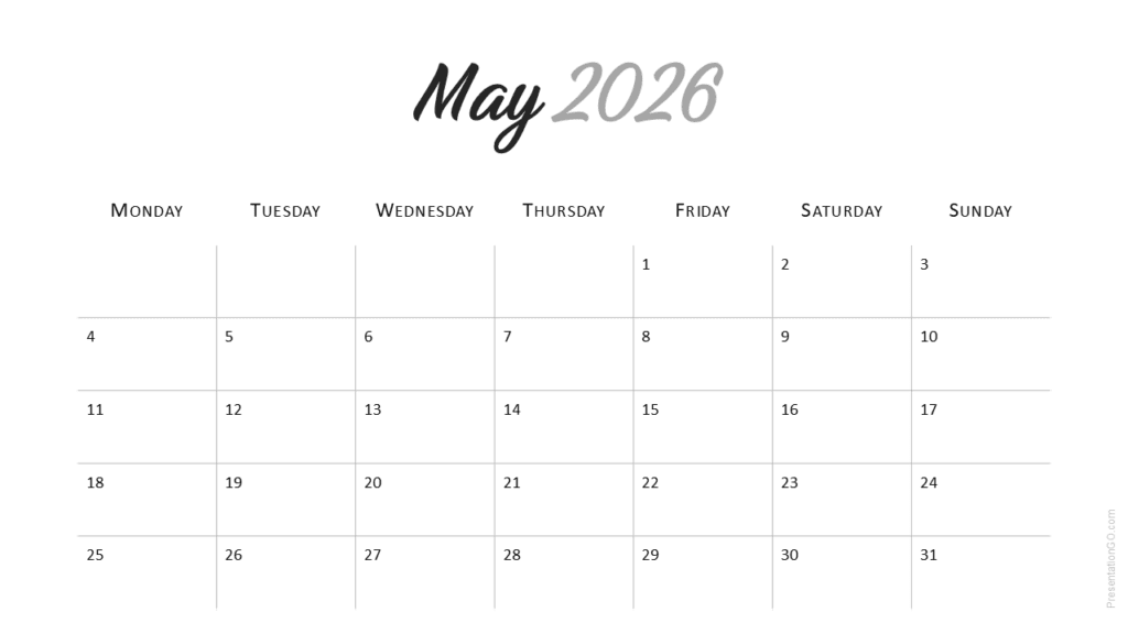 May 2026 monthly planner slide from Minimal 2026 Calendar with light background for PowerPoint and Google Slides.