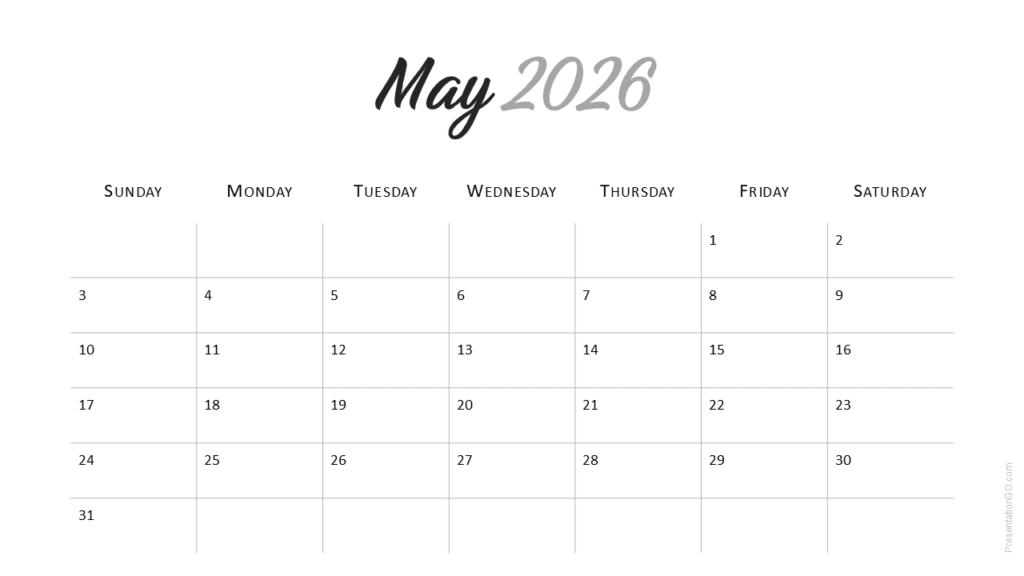 May 2026 Minimal Calendar (Sunday Start) Minimal 2026 Calendar – May 2026 page designed for clarity and planning in PowerPoint and Google Slides.