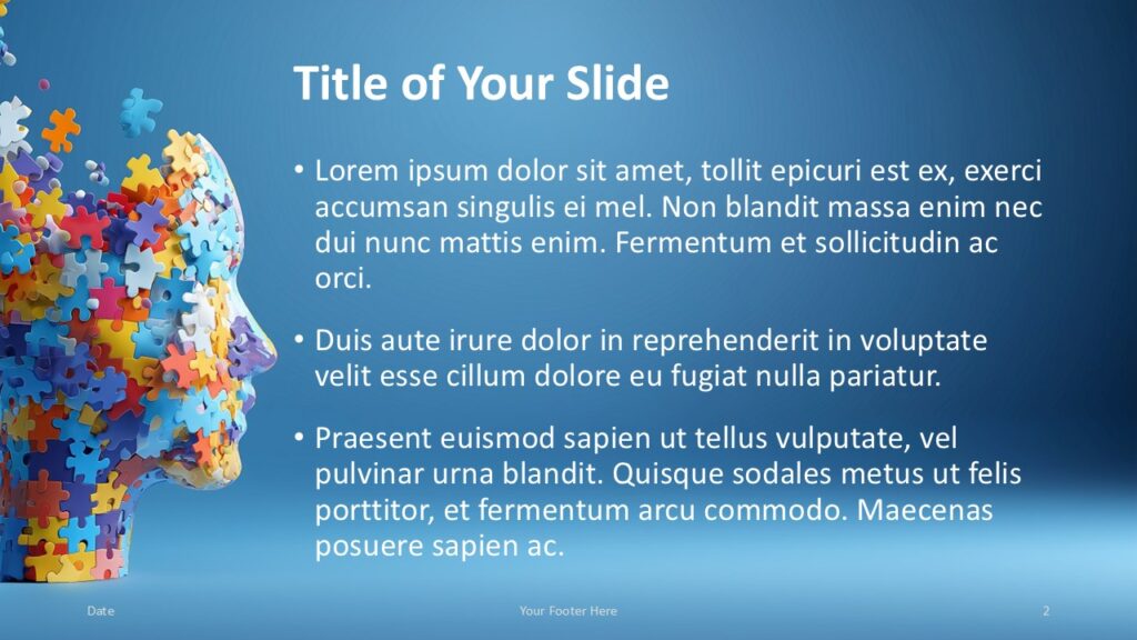 Mind Puzzle Content Slide for PowerPoint and Google Slides First content layout of the Mind Puzzle Template for PowerPoint and Google Slides showing puzzle-head art and clean text area.