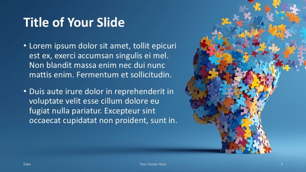 Alternate Content Layout – Mind Puzzle PowerPoint and Google Slides Template Alternate slide design from the Mind Puzzle Template for PowerPoint and Google Slides with mirrored image and text placement.