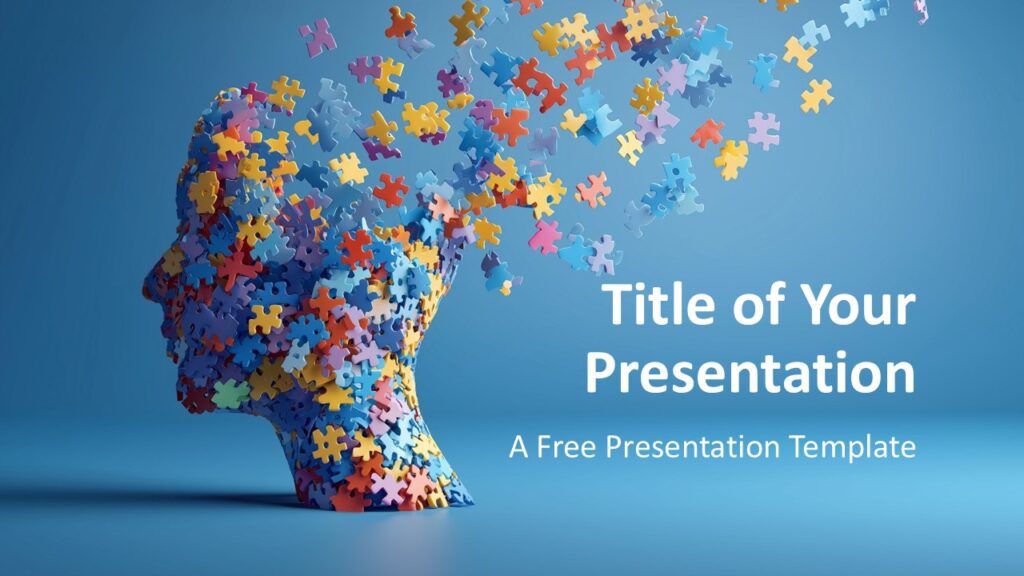 Cover Slide of Mind Puzzle Template for PowerPoint and Google Slides Title slide of the Mind Puzzle Template with 3D puzzle-head illustration on a calm blue background for PowerPoint and Google Slides.