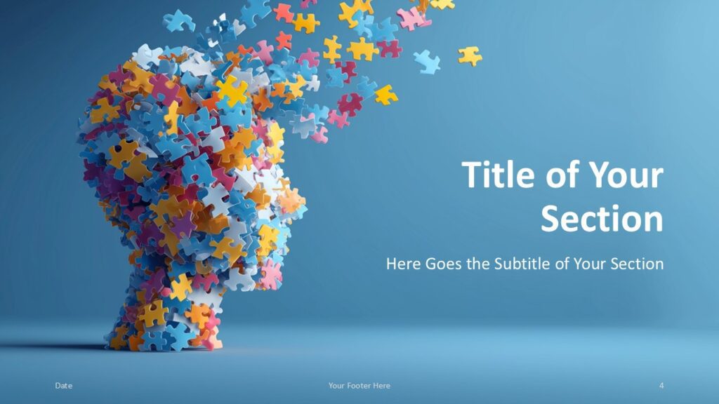 Section Divider Slide – Mind Puzzle Template for PowerPoint and Google Slides Section divider layout from the Mind Puzzle Template for PowerPoint and Google Slides featuring centered text and 3D puzzle design.
