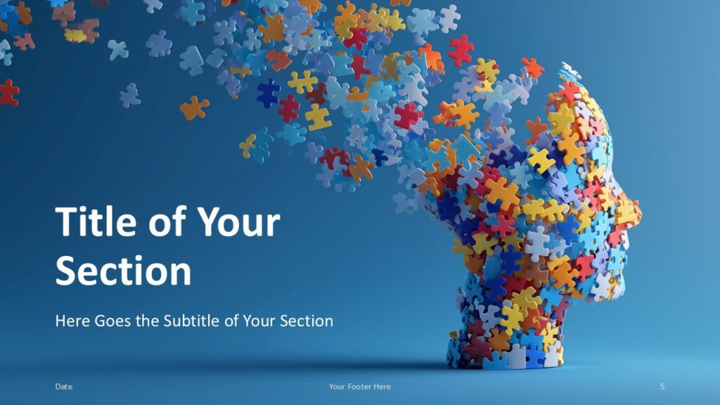 Mind Puzzle Section Break Slide for PowerPoint and Google Slides Alternate section divider of the Mind Puzzle Template for PowerPoint and Google Slides with reversed composition and bright blue tones.