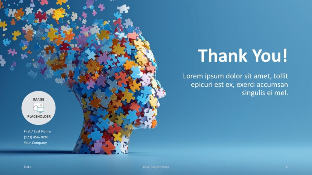Thank You Slide – Mind Puzzle Template for PowerPoint and Google Slides Thank You slide from the Mind Puzzle Template with contact placeholder and puzzle-head visual for PowerPoint and Google Slides.