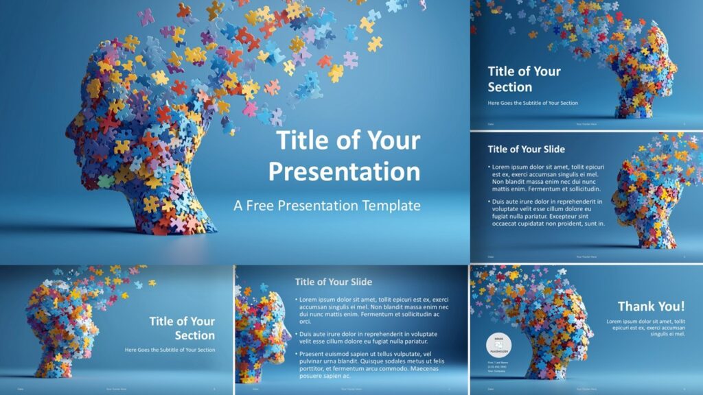 Widescreen layout preview of the Mind Puzzle Template in PowerPoint and Google Slides featuring blue backgrounds and 3D puzzle pieces.
