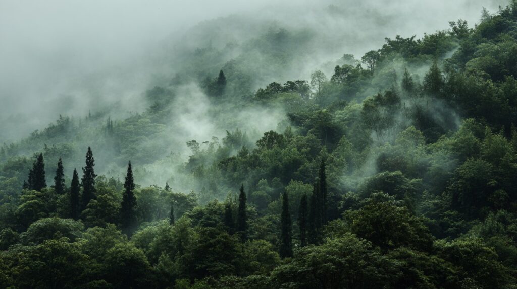 Dense green forest with early morning mist drifting through the treetops on a mountain slope, creating a peaceful, natural scene.