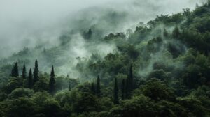Dense green forest with early morning mist drifting through the treetops on a mountain slope, creating a peaceful, natural scene.